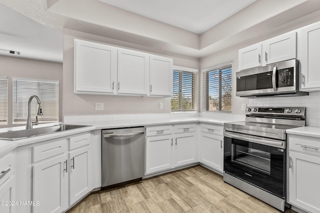 kitchen with appliances with stainless steel finishes, white cabinets, a sink, and light wood finished floors