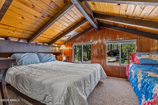 325 Lodge Dr, Munds Park, AZ 86017 - bedroom featuring carpet, multiple windows, wooden walls, and wooden ceiling