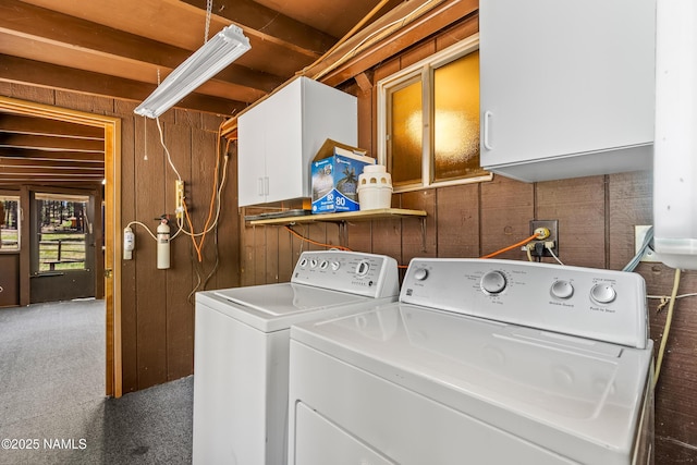 325 Lodge Dr, Munds Park, AZ 86017 - washroom featuring cabinet space, washing machine and dryer, wood walls, and carpet