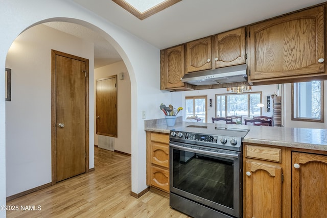 kitchen with stainless steel electric stove and light wood-type flooring