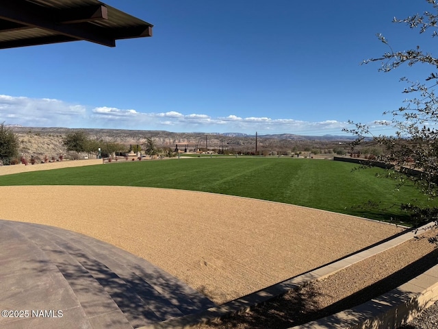 view of home's community featuring a mountain view and a lawn