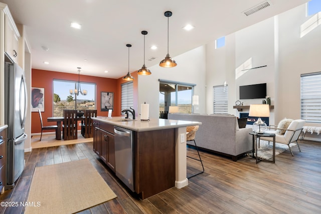 kitchen featuring sink, a kitchen island with sink, pendant lighting, and appliances with stainless steel finishes