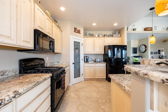 11265 N Zady Ln, Flagstaff, AZ 86004 - kitchen with black appliances, light brown cabinetry, light stone counters, light tile patterned flooring, and recessed lighting