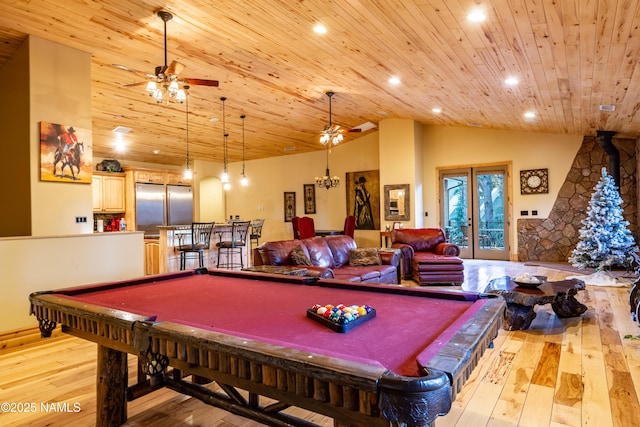 2163 S Highland Mesa Rd, Flagstaff, AZ 86001 - game room featuring wood ceiling, pool table, high vaulted ceiling, ceiling fan, and light hardwood / wood-style flooring