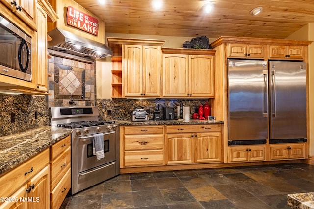 2163 S Highland Mesa Rd, Flagstaff, AZ 86001 - kitchen with wooden ceiling, range hood, dark stone counters, backsplash, and stainless steel appliances