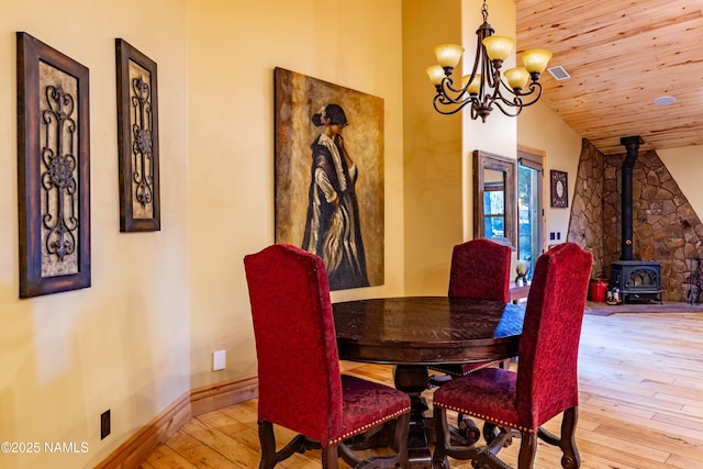 2163 S Highland Mesa Rd, Flagstaff, AZ 86001 - dining room featuring lofted ceiling, wood ceiling, french doors, a wood stove, and light hardwood / wood-style flooring