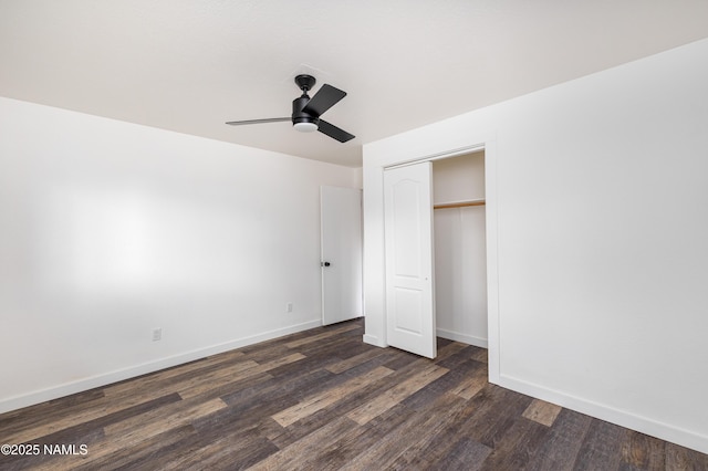 2814 N Patterson Blvd, Flagstaff, AZ 86004 - unfurnished bedroom featuring dark wood-type flooring, a closet, baseboards, and ceiling fan