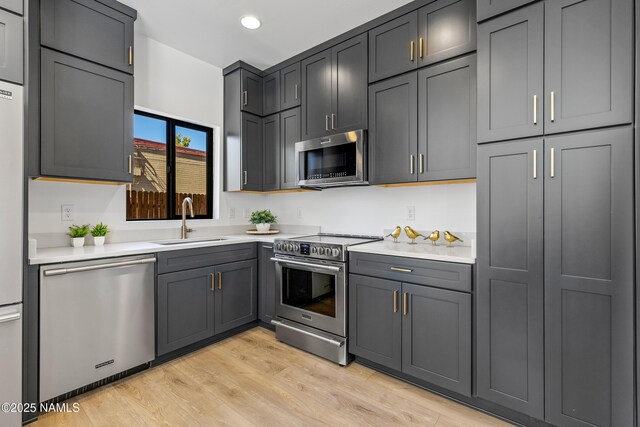 302 W Oak Ave Unit 5, Flagstaff, AZ 86001 - kitchen with appliances with stainless steel finishes, a sink, light countertops, light wood-style flooring, and recessed lighting