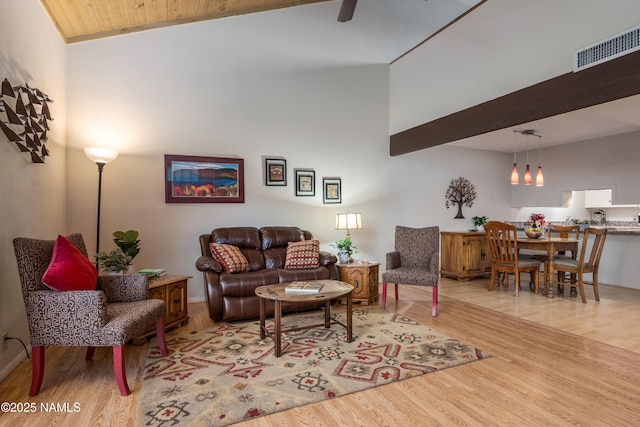 living room featuring lofted ceiling with beams, ceiling fan, wood finished floors, and visible vents