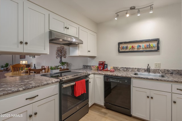 kitchen featuring under cabinet range hood, a sink, white cabinets, black dishwasher, and stainless steel electric range oven