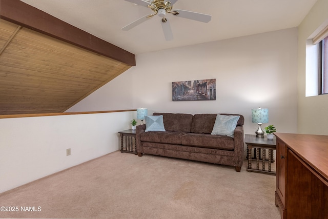 living room featuring light carpet, ceiling fan, and lofted ceiling with beams