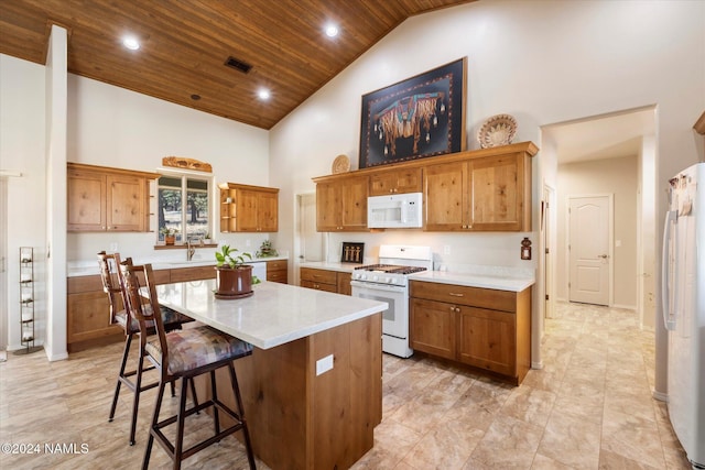 kitchen featuring white appliances, a center island, sink, high vaulted ceiling, and wooden ceiling