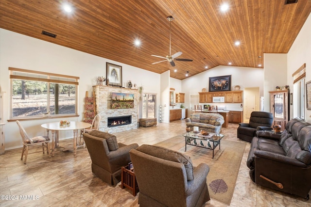 living room with ceiling fan, high vaulted ceiling, wooden ceiling, and a stone fireplace