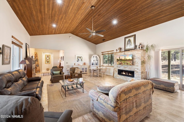 living room with high vaulted ceiling, wooden ceiling, ceiling fan, and a stone fireplace