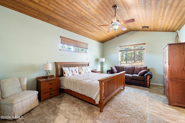 bedroom with vaulted ceiling, ceiling fan, and wood ceiling