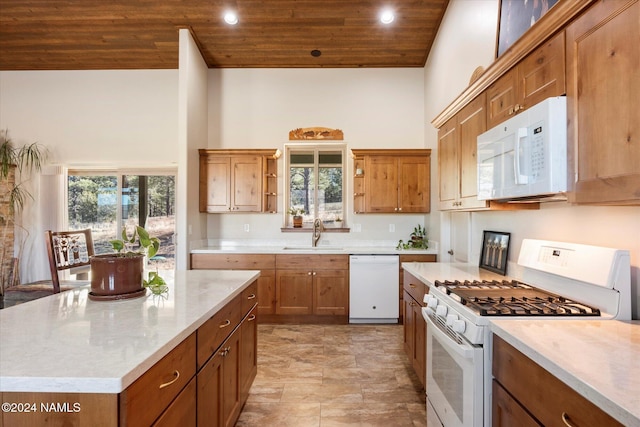 kitchen with sink, white appliances, high vaulted ceiling, and wood ceiling