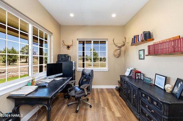 10833 Sage Rd, Flagstaff, AZ 86004 - office area with wood finished floors, recessed lighting, baseboards, and a wealth of natural light