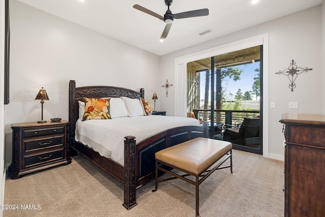 carpeted bedroom featuring ceiling fan and access to outside