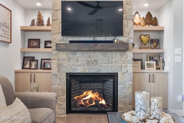 details featuring wood-type flooring and a fireplace