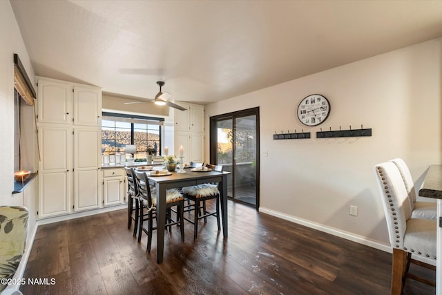 dining space featuring ceiling fan and dark hardwood / wood-style flooring