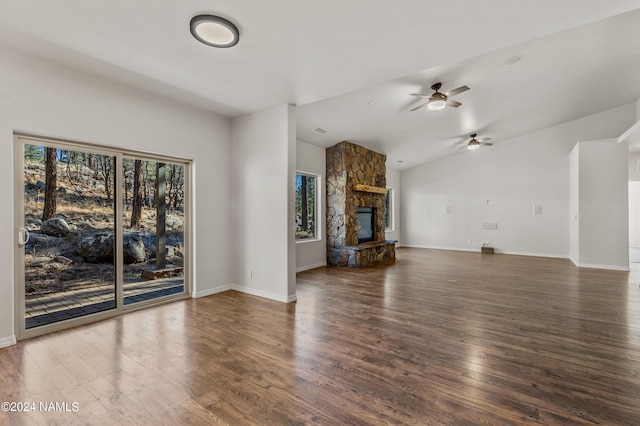3330 Granite Rdg Lot 4, Flagstaff, AZ 86001 - unfurnished living room with a ceiling fan, a fireplace, wood finished floors, lofted ceiling, and baseboards