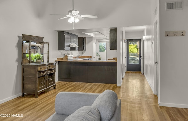 2550 E Cassidy Ln, Flagstaff, AZ 86004 - kitchen with a ceiling fan, light wood finished floors, baseboards, under cabinet range hood, and a towering ceiling