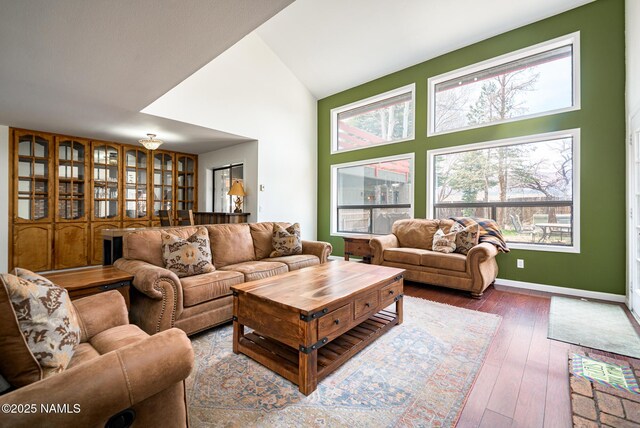 living room featuring wood-type flooring, a high ceiling, and a healthy amount of sunlight