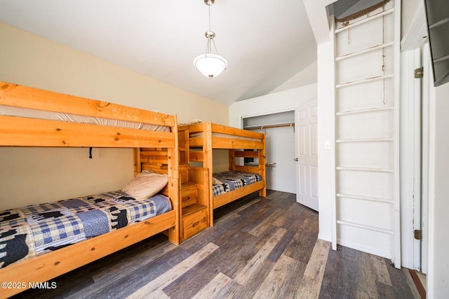 bedroom with lofted ceiling, a closet, and wood finished floors