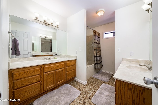 full bathroom with a sink, two vanities, and shower / bath combo with shower curtain