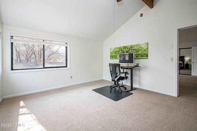 office area with baseboards, a ceiling fan, carpet, beamed ceiling, and high vaulted ceiling