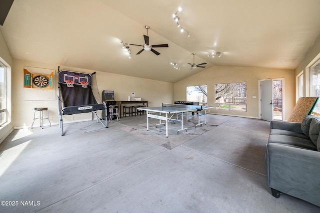 interior space featuring ceiling fan and outdoor dining area