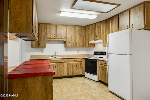 5920 Wildflower Rd, Flagstaff, AZ 86004 - kitchen featuring light floors, under cabinet range hood, range with electric cooktop, a sink, and freestanding refrigerator