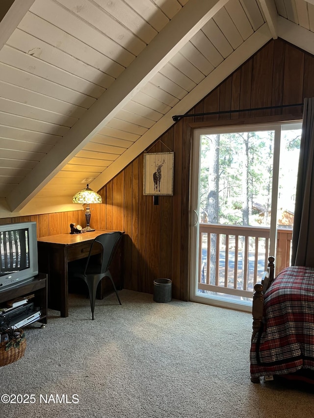 2511 Black Bear Ln, Pine Top, AZ 85935 - carpeted bedroom with lofted ceiling, wood walls, and wood ceiling