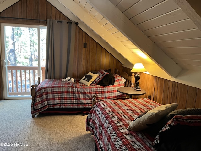2511 Black Bear Ln, Pine Top, AZ 85935 - bedroom featuring wood walls, lofted ceiling, carpet flooring, and wooden ceiling