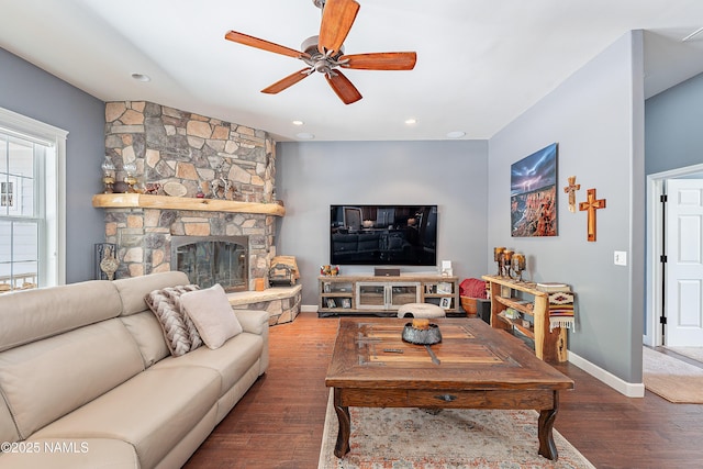1533 S Minstrel Ln, Williams, AZ 86046 - living room featuring a ceiling fan, wood finished floors, a stone fireplace, and recessed lighting