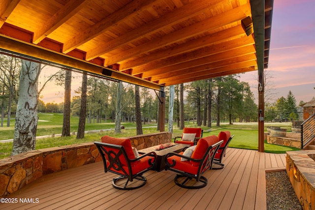 1451 N Mariposa Rd, Flagstaff, AZ 86004 - wooden terrace featuring an outdoor living space, a yard, and view of wooded area