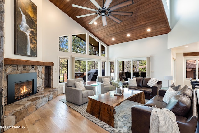 1451 N Mariposa Rd, Flagstaff, AZ 86004 - living area featuring high vaulted ceiling, wood ceiling, recessed lighting, healthy amount of natural light, and wood-type flooring