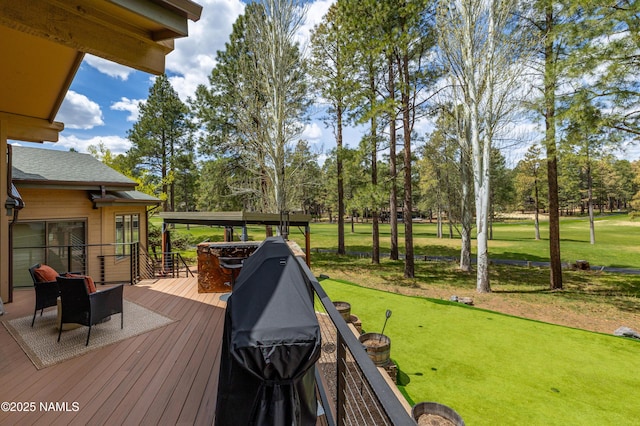 1451 N Mariposa Rd, Flagstaff, AZ 86004 - wooden deck with a lawn and view of wooded area