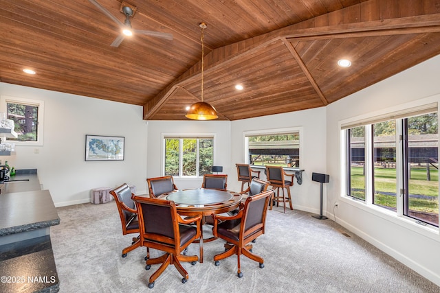 1451 N Mariposa Rd, Flagstaff, AZ 86004 - dining area with wood ceiling, baseboards, recessed lighting, carpet flooring, and vaulted ceiling