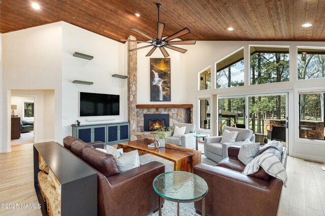 1451 N Mariposa Rd, Flagstaff, AZ 86004 - living room with wood ceiling, high vaulted ceiling, a fireplace, ceiling fan, and light wood-style flooring