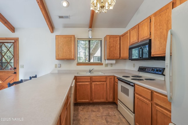 kitchen featuring visible vents, an inviting chandelier, beam ceiling, white appliances, and a sink