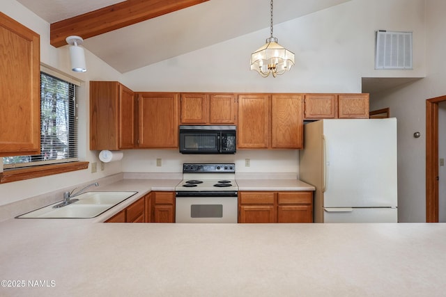 kitchen with a sink, white appliances, light countertops, vaulted ceiling with beams, and visible vents