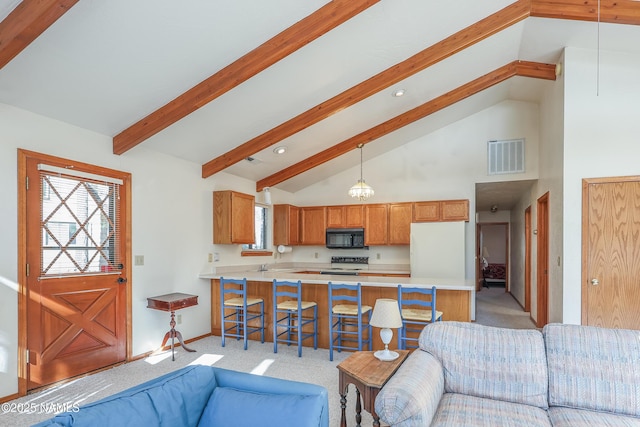 living area featuring high vaulted ceiling, light carpet, beam ceiling, and visible vents