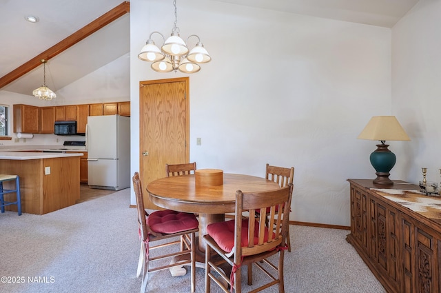 dining area featuring a notable chandelier, light carpet, high vaulted ceiling, baseboards, and beamed ceiling