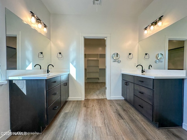 bathroom featuring a sink, two vanities, wood finished floors, and a walk in closet