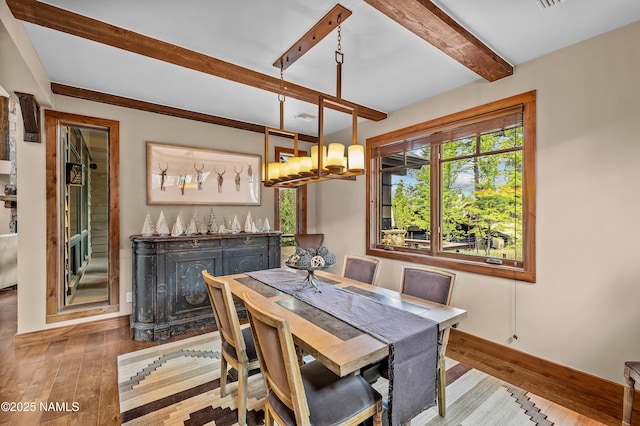 2047 E Del Rae Dr Unit 163, Flagstaff, AZ 86005 - dining area with beam ceiling, hardwood / wood-style floors, and a chandelier