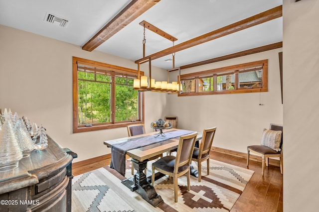 2047 E Del Rae Dr Unit 163, Flagstaff, AZ 86005 - dining space featuring beam ceiling and hardwood / wood-style flooring
