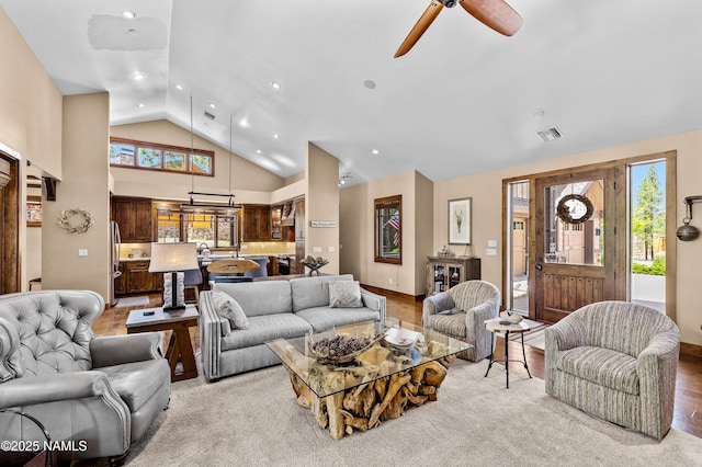 2047 E Del Rae Dr Unit 163, Flagstaff, AZ 86005 - living area with ceiling fan, recessed lighting, light wood-style flooring, and high vaulted ceiling