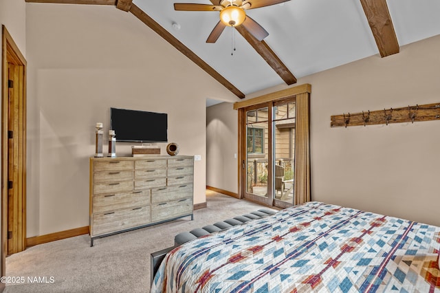 2047 E Del Rae Dr Unit 163, Flagstaff, AZ 86005 - carpeted bedroom with access to outside, beam ceiling, high vaulted ceiling, and ceiling fan