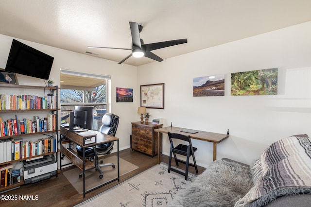 home office featuring visible vents, baseboards, a ceiling fan, and wood finished floors